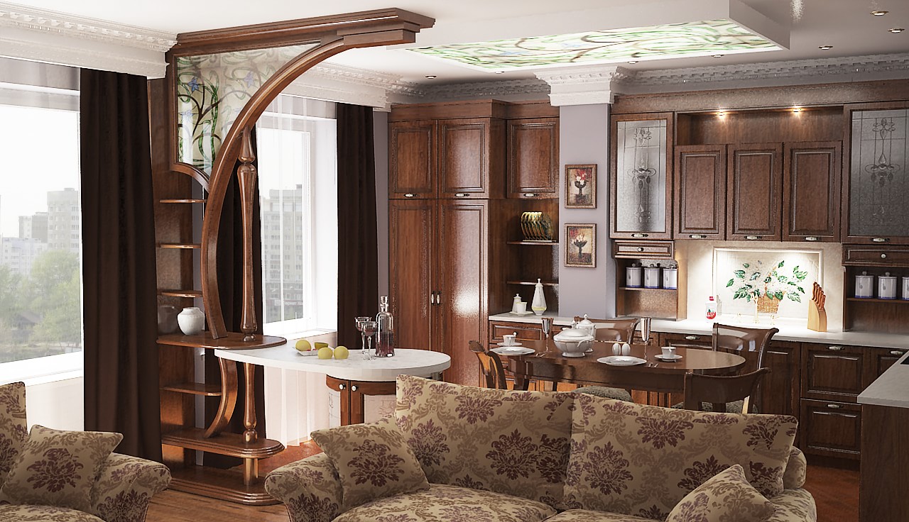 На фото дизайн кухни-гостиной